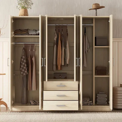Armoire 6 portes en bois avec 3 grands tiroirs de rangement pour chambre à coucher
