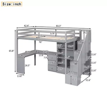 Lit mezzanine une place avec bureau en L, 3 tiroirs, placard, rangements intégrés dans l'escalier, en pin massif/MDF