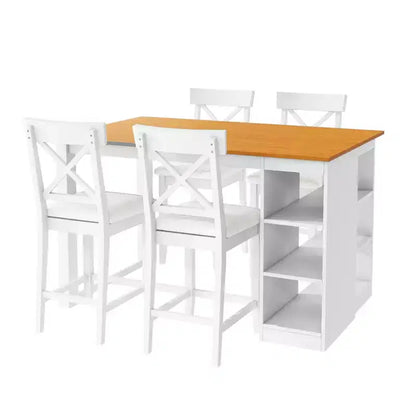 Set da pranzo a 5 pezzi in stile rustico ad altezza bancone per 4 persone, set da tavolo da bar in legno con ripiani e 4 sedie imbottite