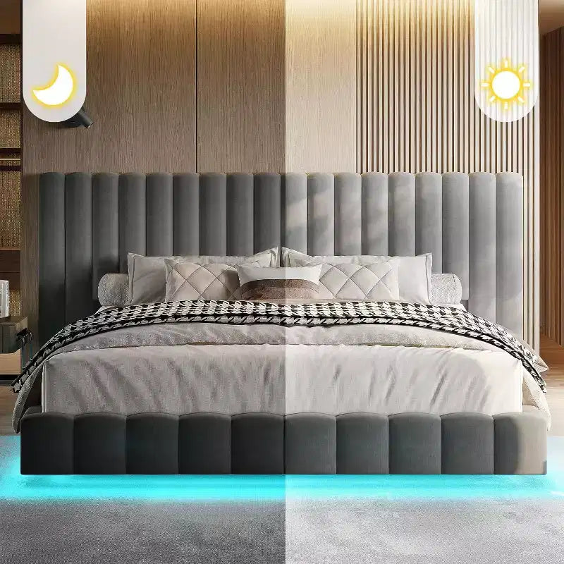 AMERLIFE Letto Imbottito con Luci LED, Design Flottante, Supporto a Doghe Solide