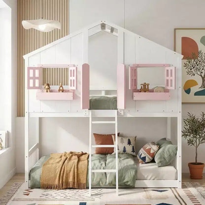 Lit mezzanine cabane de taille double, lit mezzanine cabane en bois avec échelle et barrières de sécurité pour enfants