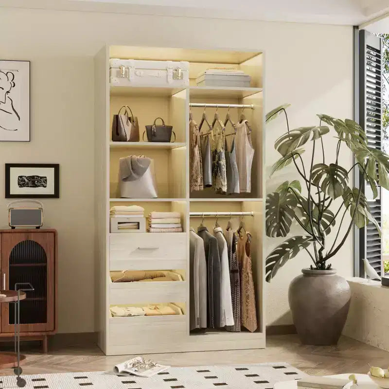 Organisateur de placard avec tiroirs en bois, système de rangement autoportant avec tringles de suspension