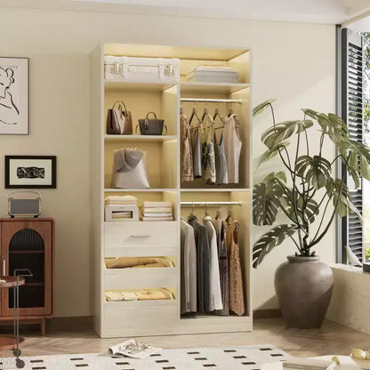 Organisateur de placard avec tiroirs en bois, système de rangement autoportant avec tringles de suspension