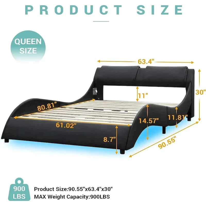 Letto a piattaforma moderno imbottito Queen con luci LED