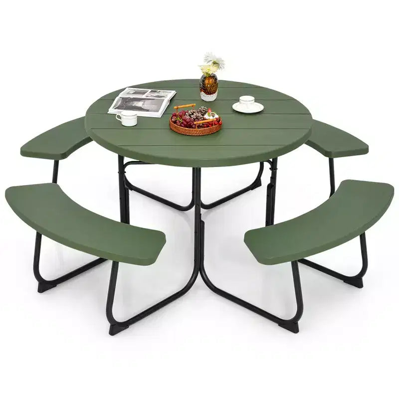 Costway Set Tavolo da Picnic Rotondo da Esterno a 8 Posti con 4 Panche e Foro per Ombrellone Nero/Grigio/Verde/Bianco