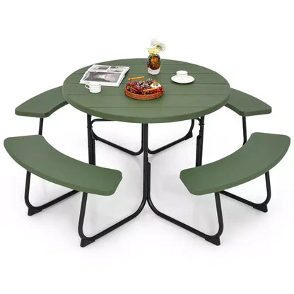 Costway Set Tavolo da Picnic Rotondo da Esterno a 8 Posti con 4 Panche e Foro per Ombrellone Nero/Grigio/Verde/Bianco