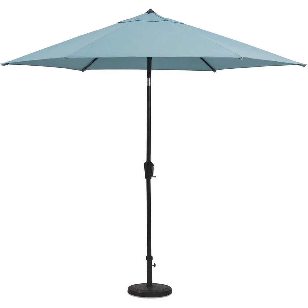 Hanover Lavallette Set da pranzo a 5 pezzi in blu oceano con 4 sedie fisse, tavolo rotondo da 52 pollici con ripiano in vetro, ombrellone e base