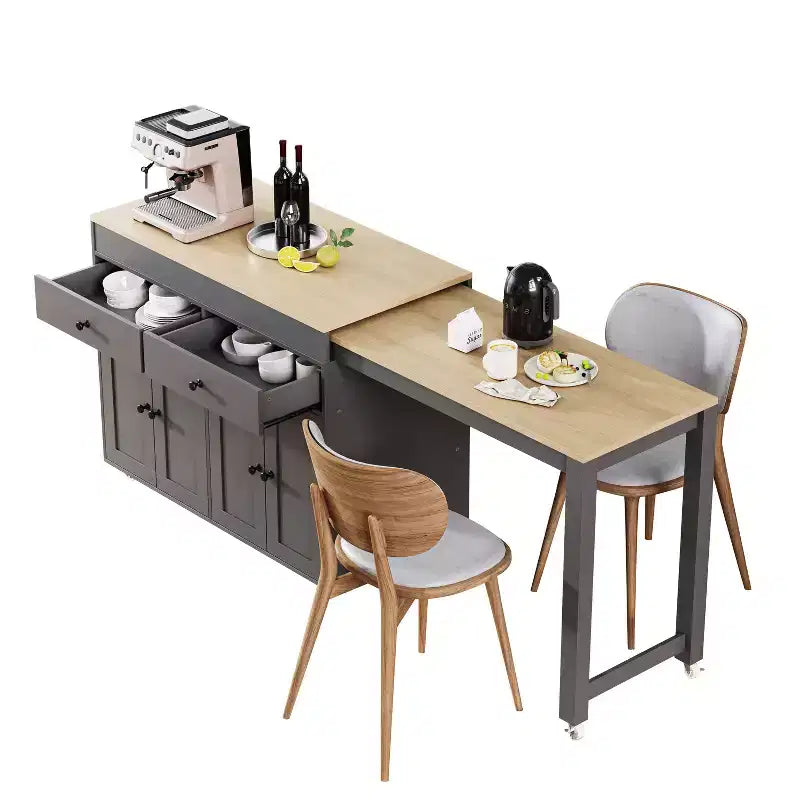 Isola da Cucina da 189 cm con Tavolo da Pranzo Estensibile, Carrello con 4 Armadietti, 2 Cassetti, Porta Spezie, Ripiani Regolabili