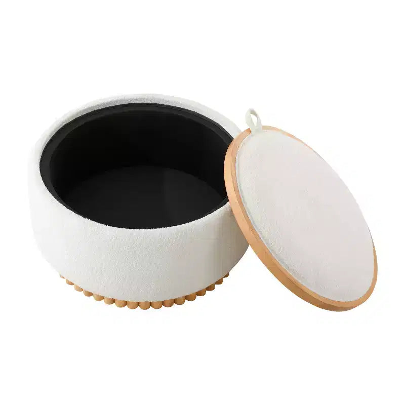 Pouf rotondo Polibi con base cilindrica in legno massello e coperchio reversibile