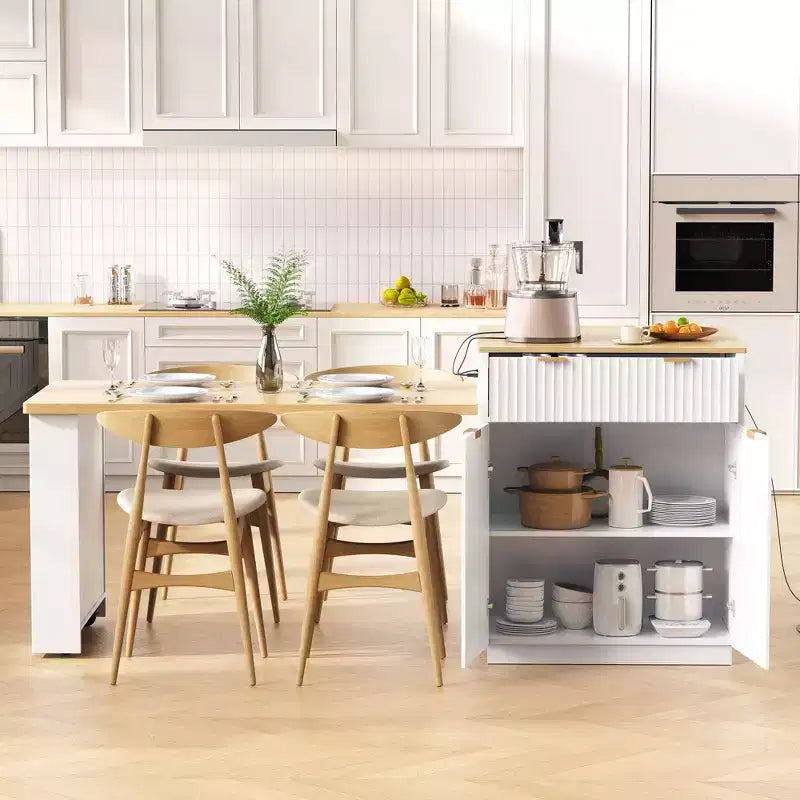 Îlot de cuisine cannelé avec table extensible, prise électrique et rangement double face