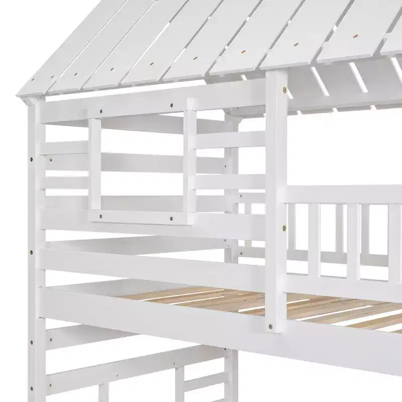 Letto a Castello Whisen Twin over Twin con Letto Estraibile e Scivolo, Scala Contenitore, Design Tetto e Finestra