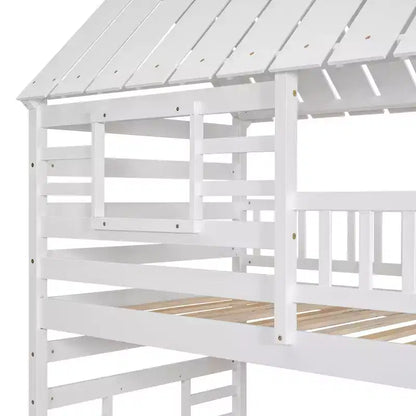 Letto a Castello Whisen Twin over Twin con Letto Estraibile e Scivolo, Scala Contenitore, Design Tetto e Finestra