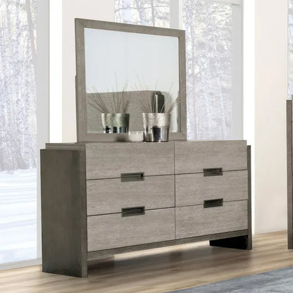Set Camera da Letto Moderno 5 Pezzi con Pannelli in Legno Massello Grigio (Include Letto, Due Comodini, Toeletta e Specchio)