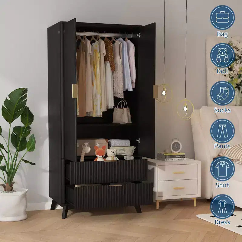 Armoire à portes cannelées, Armoire en bois de 71 pouces avec 2 portes, 2 tiroirs, étagère réglable et tringle de suspension, Armoire de rangement pour vêtements