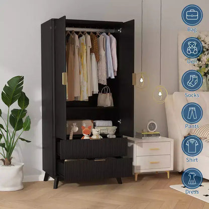 Armoire à portes cannelées, Armoire en bois de 71 pouces avec 2 portes, 2 tiroirs, étagère réglable et tringle de suspension, Armoire de rangement pour vêtements
