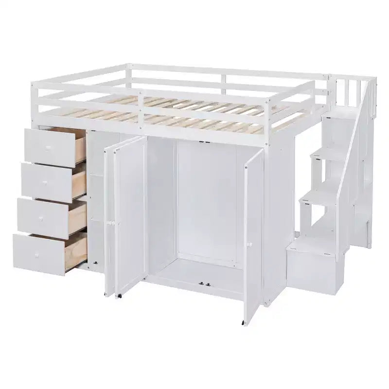 Letto a soppalco intero in pile orsetto con mensola portaoggetti e cassetti, letto a soppalco alto in legno con scrivania versatile per camera da letto