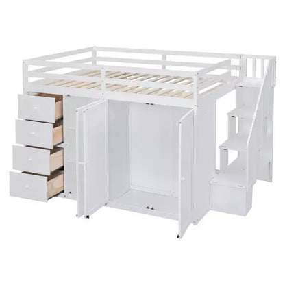 Letto a soppalco intero in pile orsetto con mensola portaoggetti e cassetti, letto a soppalco alto in legno con scrivania versatile per camera da letto
