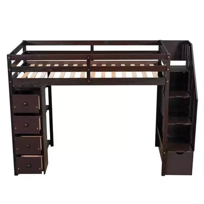 Lit mezzanine double en bois Whisen avec tiroirs de rangement, escalier et étagères