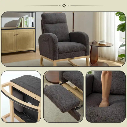 Poltrona a dondolo moderna con schienale alto da 75 cm, imbottita, con gambe in legno massello e poggiapiedi regolabile
