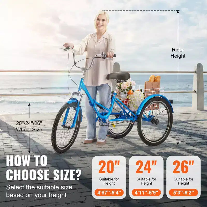 Tricycle pliable adulte VEVOR, tricycle pliant pour adultes de 26 pouces, vélo cruiser à 3 roues en acier au carbone avec grand panier et siège réglable