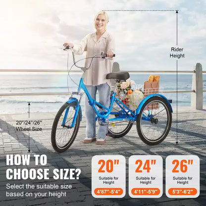Tricycle pliable adulte VEVOR, tricycle pliant pour adultes de 26 pouces, vélo cruiser à 3 roues en acier au carbone avec grand panier et siège réglable