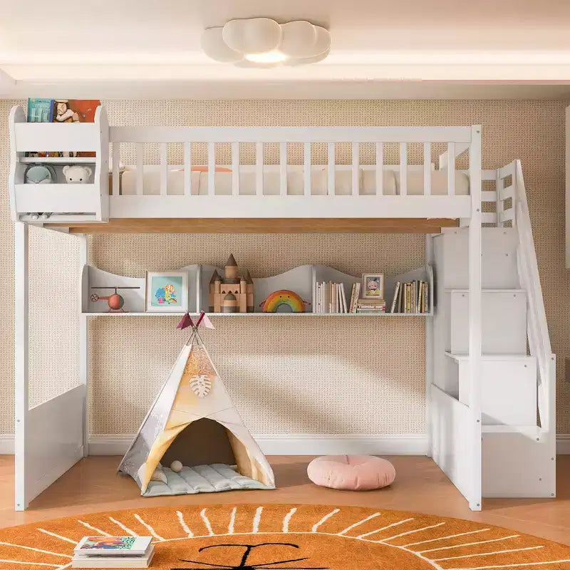 Letto a soppalco Queen Size con scaletta, armadio e scaffali - MDF, 295 kg