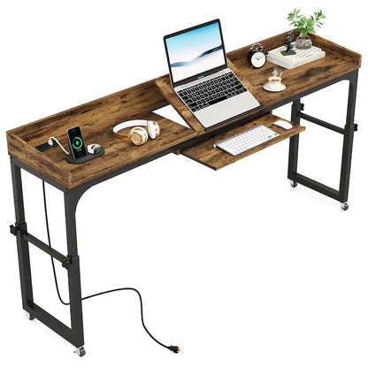 Table de lit réglable en hauteur avec roulettes, Chariot mobile pour ordinateur portable avec prises et ports USB