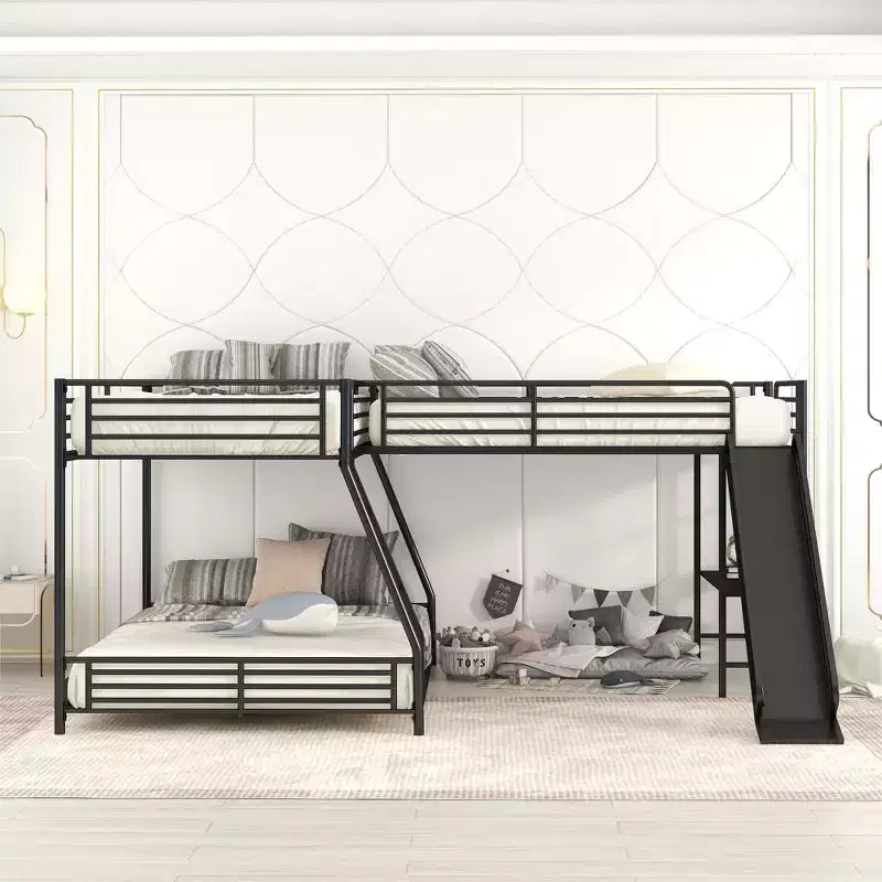 Letto a castello in metallo a una piazza e mezzo, letto a castello a L per 3 bambini, letto a castello triplo resistente con scrivania e scivolo, nero