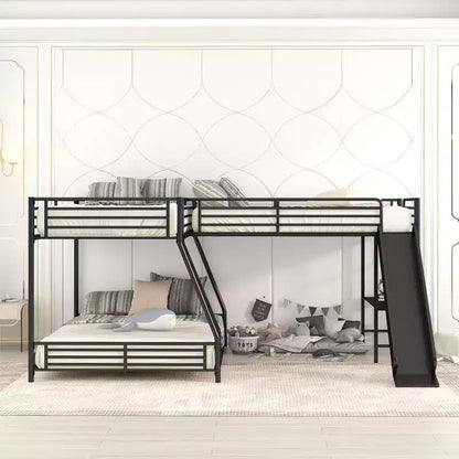 Letto a castello in metallo a una piazza e mezzo, letto a castello a L per 3 bambini, letto a castello triplo resistente con scrivania e scivolo, nero