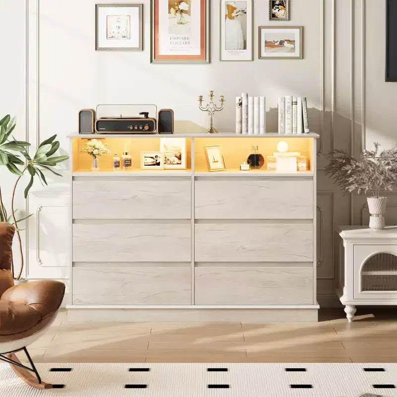 Comò per camera da letto, cassettiera a 6 cassetti, mobile a 6 cassetti con spazio aperto, armadietto moderno di grande capacità, soggiorno, corridoio