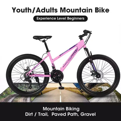 VTT Okak 24/26 pouces avec 21 vitesses et double freins à disque, vélo pour enfants avec suspension avant de 100 mm, Dirt Bike pour adolescents et femmes