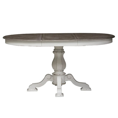 Table à dîner ronde sur pied Magnolia Manor avec rallonges escamotables - 2 finitions