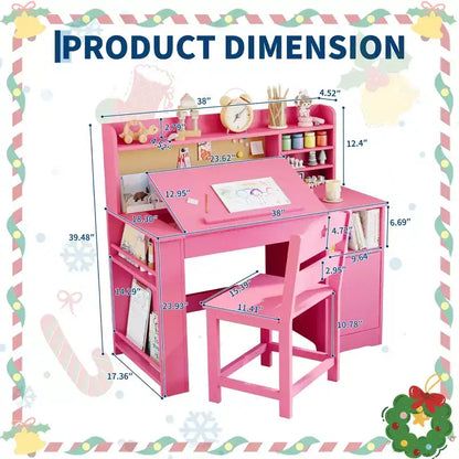 Set scrivania e sedia per bambini, con libreria superiore e piano inclinabile, tavolo da studio per bambini, scrivania per studenti, per camera da letto, casa