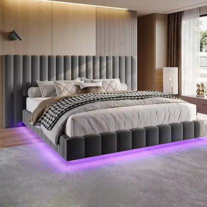 AMERLIFE Letto Imbottito con Luci LED, Design Flottante, Supporto a Doghe Solide