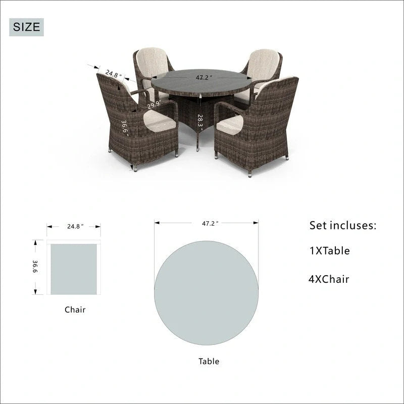 Set da pranzo rotondo in vimini da esterno da 5 pezzi con 4 poltrone