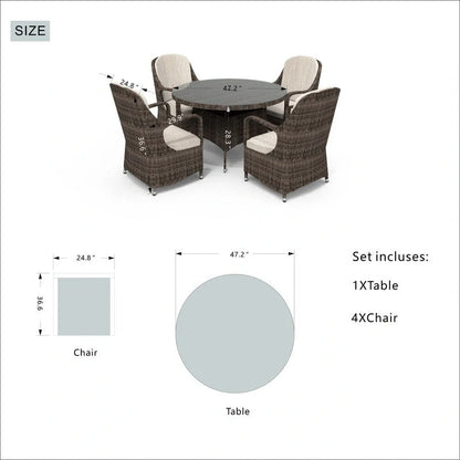 Set da pranzo rotondo in vimini da esterno da 5 pezzi con 4 poltrone
