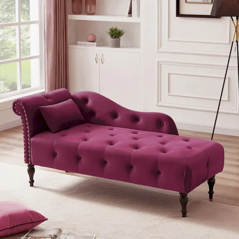Moderna poltrona a sdraio imbottita in velluto da 60,6" con bottoni capitonné, gambe in legno massello e borchie