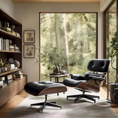Chaise longue et pouf d'appoint en cuir pleine fleur de style Mid-century