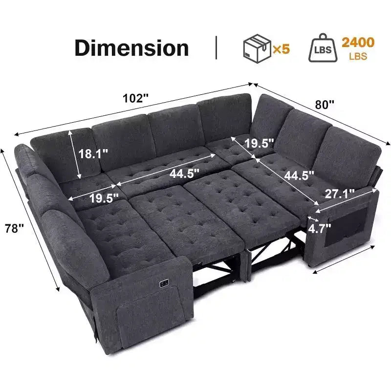 Divano componibile Dyonery a 8 posti a U con letto estraibile/schienale reclinabile/porte USB/tavolo/vano contenitore, montaggio senza attrezzi
