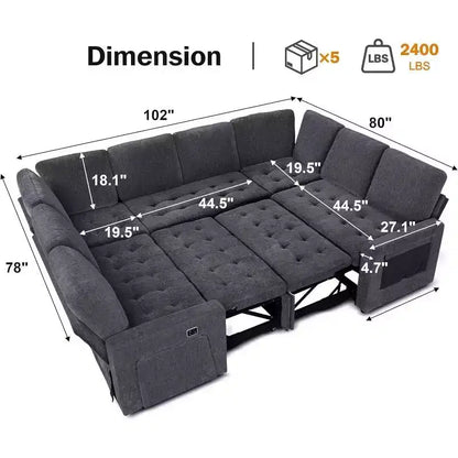 Divano componibile Dyonery a 8 posti a U con letto estraibile/schienale reclinabile/porte USB/tavolo/vano contenitore, montaggio senza attrezzi