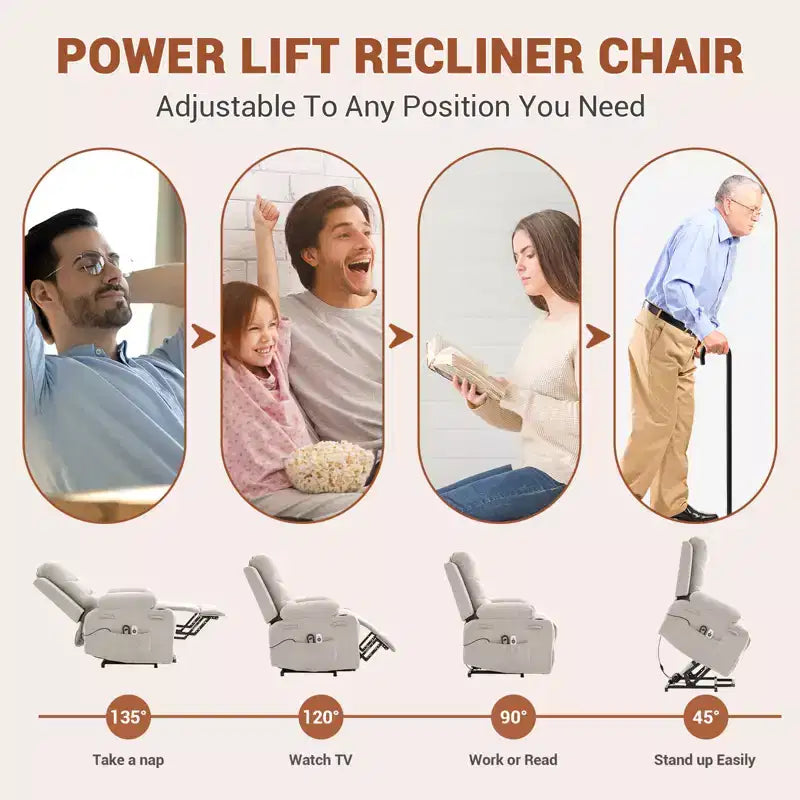 Fauteuil inclinable électrique releveur, fauteuils inclinables électriques pour personnes âgées avec fonction chauffante et massante, aide à la levée, porte-gobelets, poche latérale, pour salon