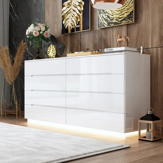 Comò lucido 63" con luce, con 8 cassetti e ampio piano d'appoggio