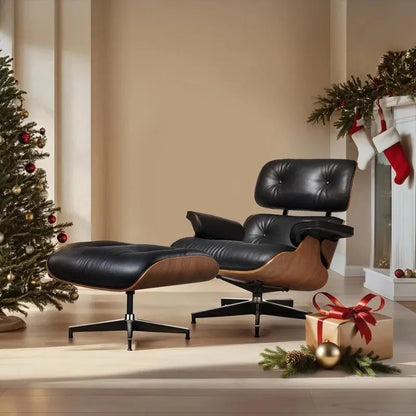 Chaise longue et pouf d'appoint en cuir pleine fleur de style Mid-century