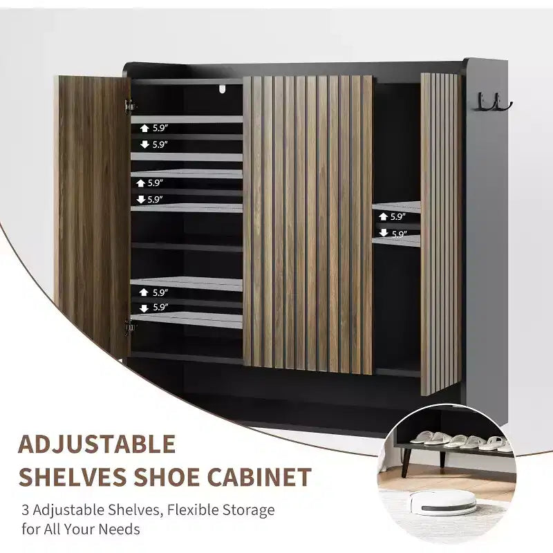 Meuble à chaussures 3 portes avec crochets de rangement, organiseur de chaussures à 6 niveaux pour entrée, meuble à chaussures autoportant pour couloir, salon