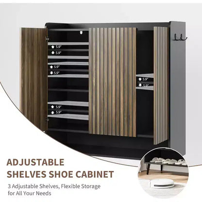 Meuble à chaussures 3 portes avec crochets de rangement, organiseur de chaussures à 6 niveaux pour entrée, meuble à chaussures autoportant pour couloir, salon