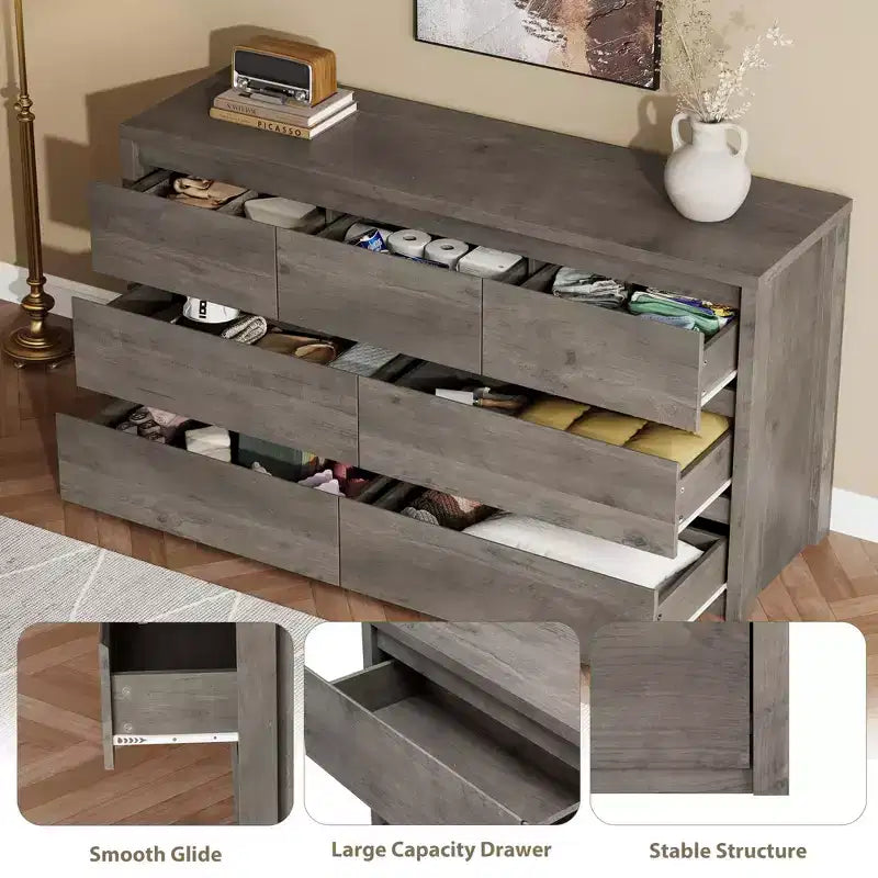 Comò Moderno Largo a 7 Cassetti per Camera da Letto, Grande Cassettiera in Legno con Organizzatore per Soggiorno, Corridoio e Ingresso
