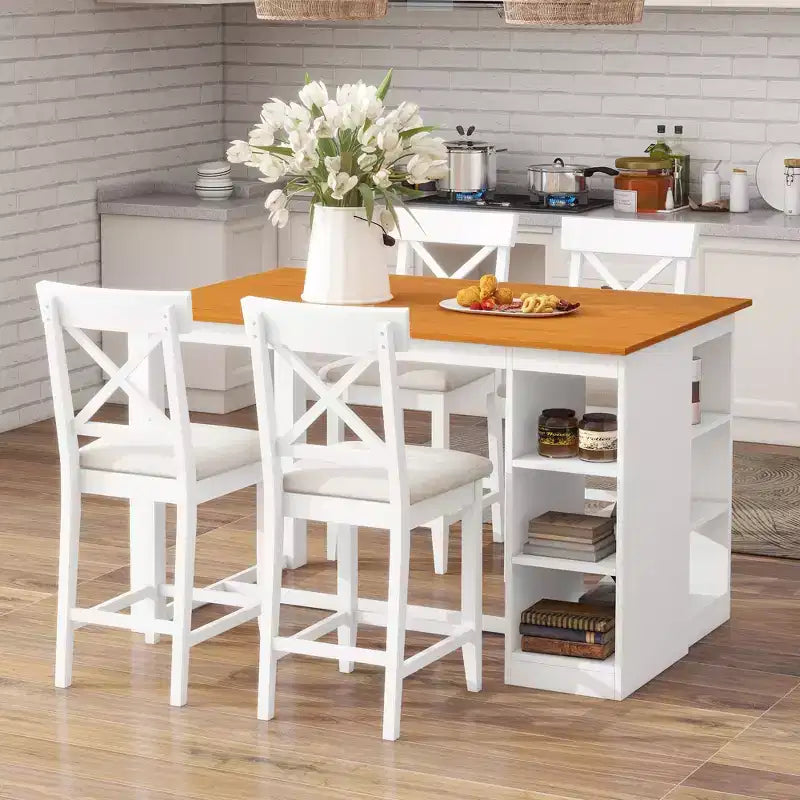 Set da pranzo a 5 pezzi in stile rustico ad altezza bancone per 4 persone, set da tavolo da bar in legno con ripiani e 4 sedie imbottite