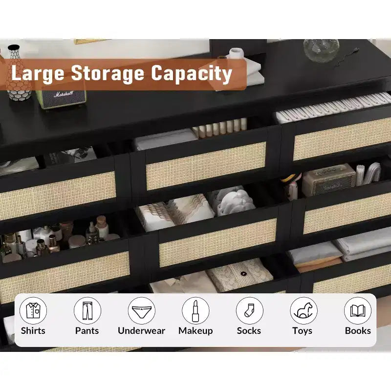 Comò per camera da letto, cassettiera a 9 cassetti in rattan per armadio, cassettiere e cassettoni doppi in legno