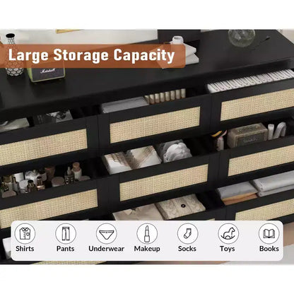 Comò per camera da letto, cassettiera a 9 cassetti in rattan per armadio, cassettiere e cassettoni doppi in legno