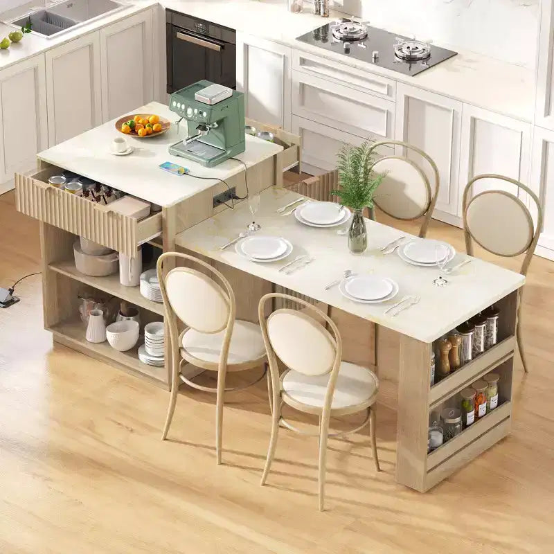 Îlot de cuisine cannelé avec table extensible, prise électrique et rangement double face